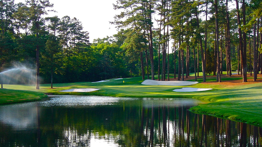 Augusta National Golf Course Scenery with Water Hazard and Pine Trees HD wallpaper