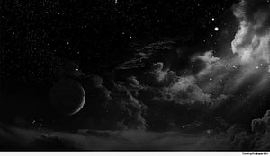 Monochrome Grunge Space Scene with Dark Planet and Dramatic Clouds HD wallpaper