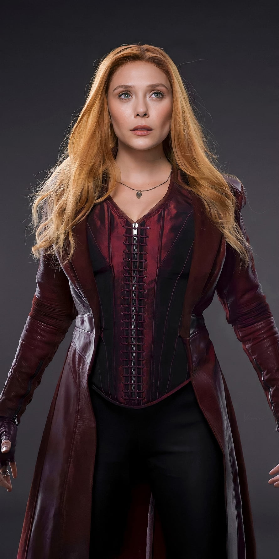 Scarlet Witch Wanda Maximoff in Maroon Leather Coat and Corset Suit HD phone wallpaper