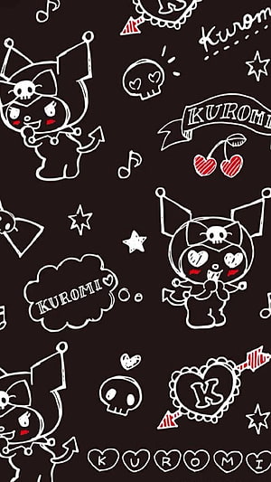 Kuromi Chalkboard Pattern with Skulls, Stars, and Cherries on Black Background HD phone wallpaper