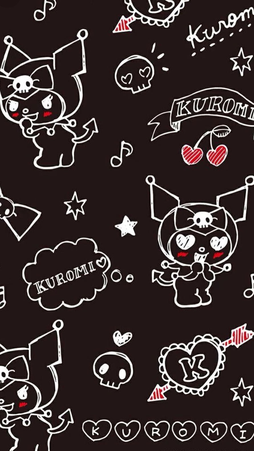 Kuromi Chalkboard Pattern with Skulls, Stars, and Cherries on Black Background HD phone wallpaper