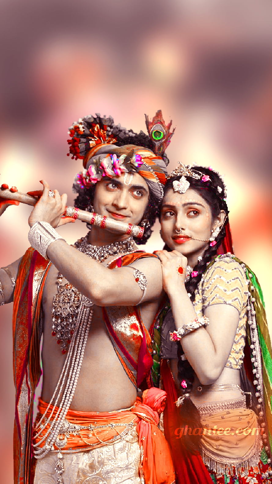 Radha Krishna Couple Portrait With Flute And Peacock Feather Crown HD phone wallpaper
