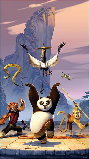 Kung Fu Panda Team Poses on Stone Platform Before Majestic Mountain Peak HD phone wallpaper