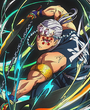 Uzui Tengen Demon Slayer Anime Character with Katana and Beaded Headband HD phone wallpaper