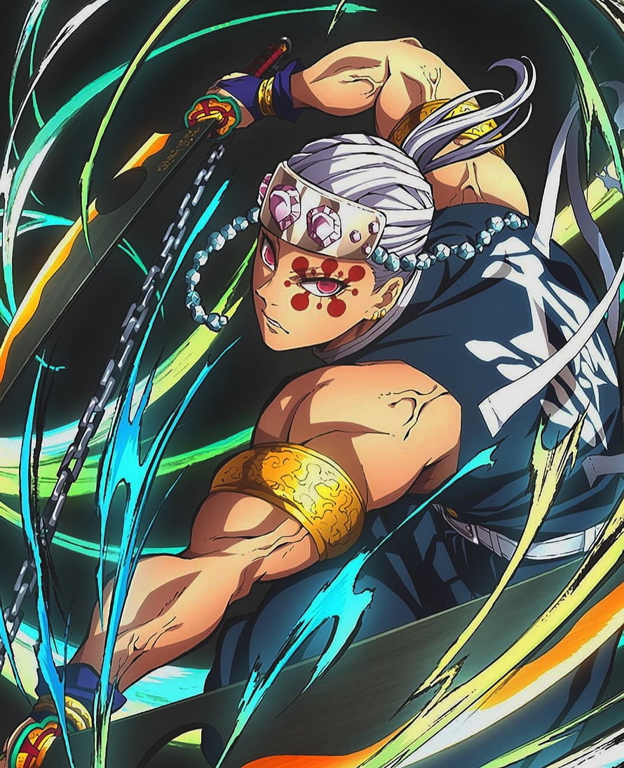 Uzui Tengen Demon Slayer Anime Character with Katana and Beaded Headband HD phone wallpaper