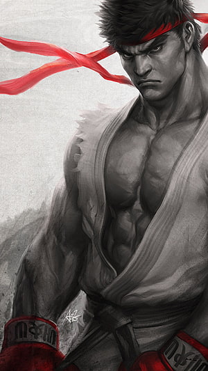 Ryu from Street Fighter in a dramatic monochrome digital painting with red headband and boxing gloves HD phone wallpaper