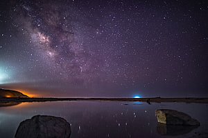 Stunning Milky Way Galaxy Reflection Over Calm Lake With Rocks At Night HD wallpaper