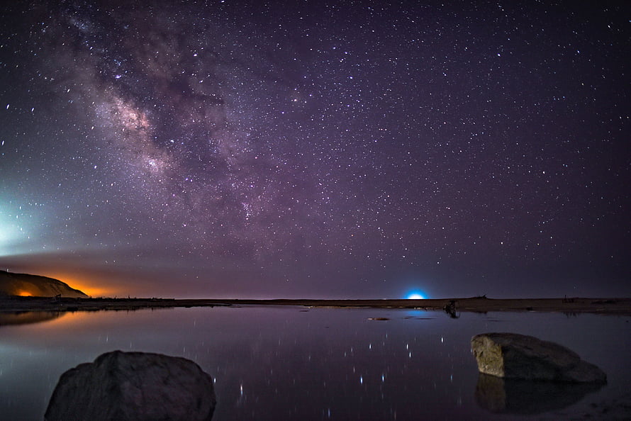 Stunning Milky Way Galaxy Reflection Over Calm Lake With Rocks At Night HD wallpaper