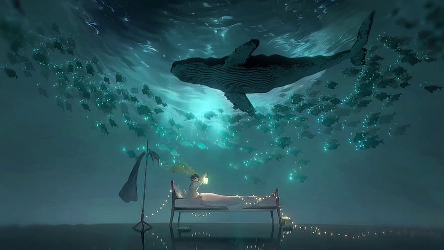 Dream Whale Live Animation Scene with Sleeping Boy and Bioluminescent Ocean HD wallpaper