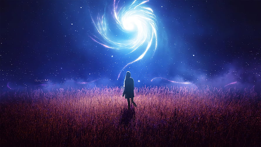 Silhouette of a person standing in a purple field beneath a glowing spiral galaxy in a starry night sky HD wallpaper