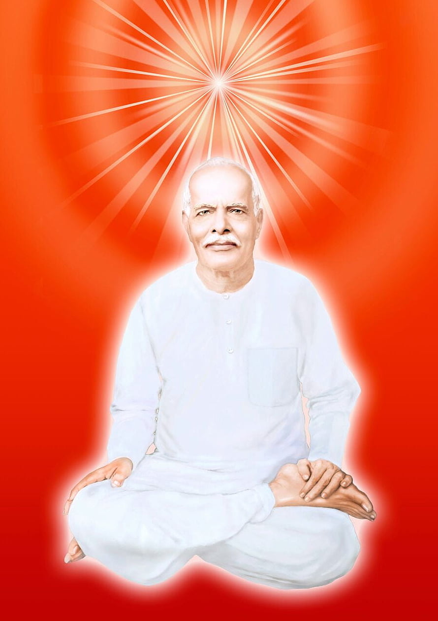 Prajapita Brahma Baba Meditating in White Attire with Radiant Orange Background HD phone wallpaper