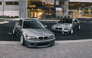 Stanced BMW M3 E46 and E92 Gray Coupes Parked Side by Side in Urban Lot HD wallpaper