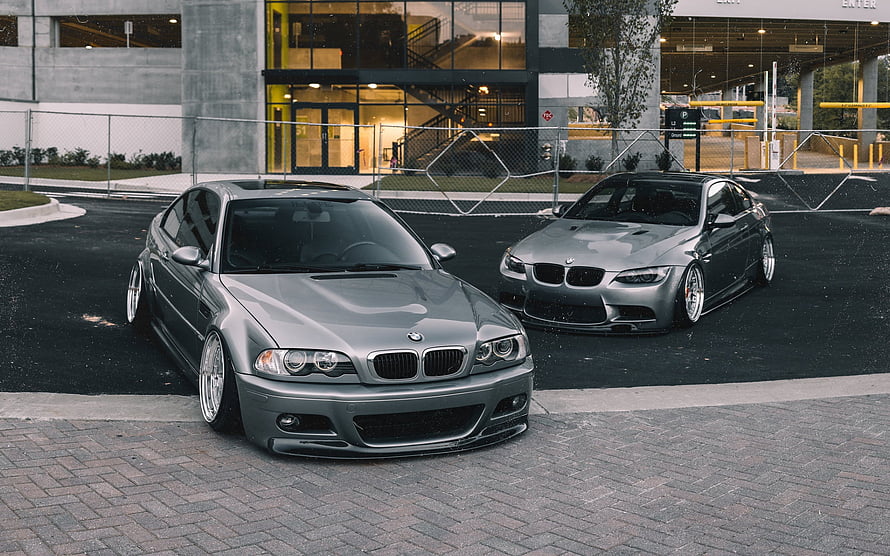 Stanced BMW M3 E46 and E92 Gray Coupes Parked Side by Side in Urban Lot HD wallpaper