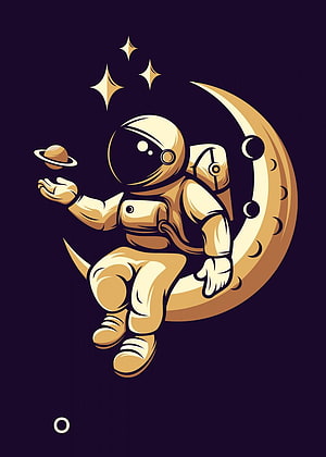 Cute Astronaut Sitting on Crescent Moon Holding Ringed Planet in Gold and Purple Space Illustration HD phone wallpaper