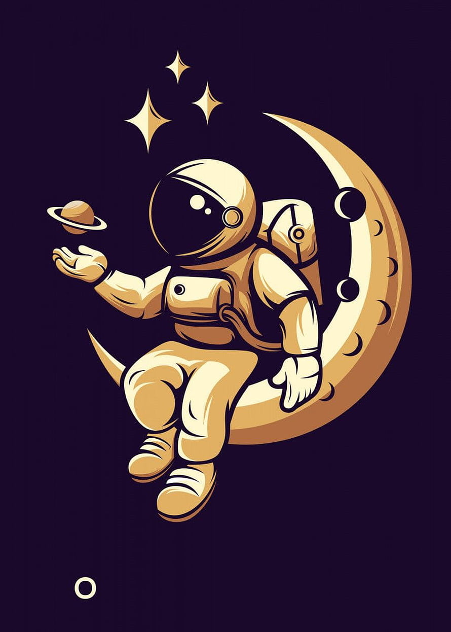 Cute Astronaut Sitting on Crescent Moon Holding Ringed Planet in Gold and Purple Space Illustration HD phone wallpaper