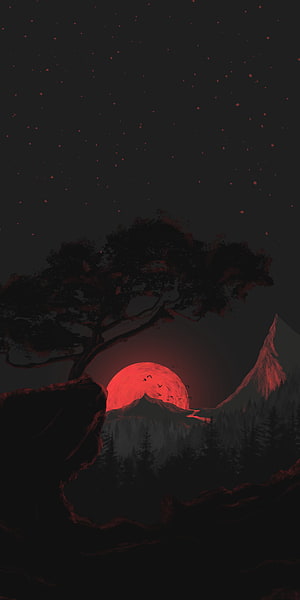 Dark Fantasy Landscape With Red Moon, Silhouetted Tree, and Snowy Mountains HD phone wallpaper