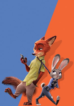 Nick Wilde and Judy Hopps from Zootopia in a Dynamic Action Pose Against a Split Blue and Orange Background HD phone wallpaper