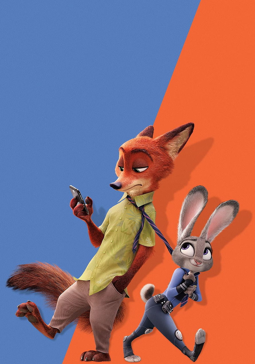 Nick Wilde and Judy Hopps from Zootopia in a Dynamic Action Pose Against a Split Blue and Orange Background HD phone wallpaper