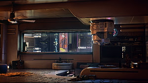 Cyberpunk 2077 V's Apartment Interior with Neon City View and Futuristic Decor HD wallpaper