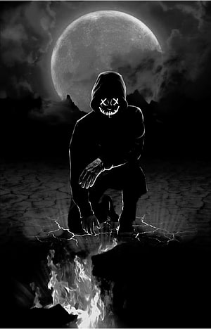 Dark Hooded Figure With Glowing Skull Mask Kneeling By Fire Under Full Moon HD phone wallpaper