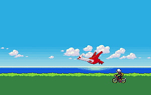 Latias Soaring Over a Cyclist in a Vibrant Pixel Art Landscape HD wallpaper