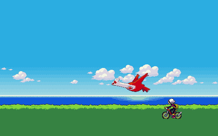 Latias Soaring Over a Cyclist in a Vibrant Pixel Art Landscape HD wallpaper