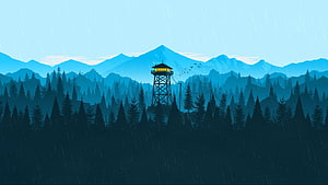 Lone Fire Lookout Tower in Rainy Pine Forest with Blue Mountains HD wallpaper