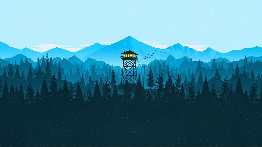 Lone Fire Lookout Tower in Rainy Pine Forest with Blue Mountains HD wallpaper