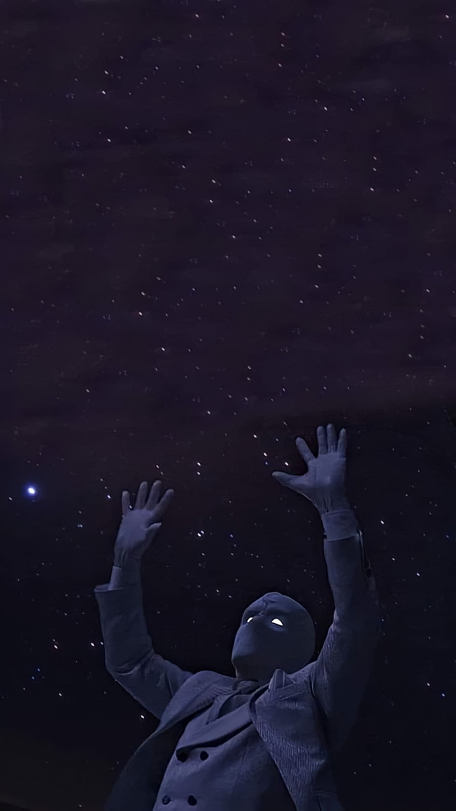 Moon Knight Reaching Toward a Star-Filled Night Sky in a Dark Cinematic Scene HD phone wallpaper
