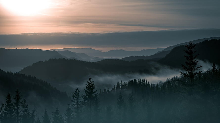 Misty Mountain Valley at Dawn with Layered Forest Silhouettes and Soft Sunrise Glow HD wallpaper