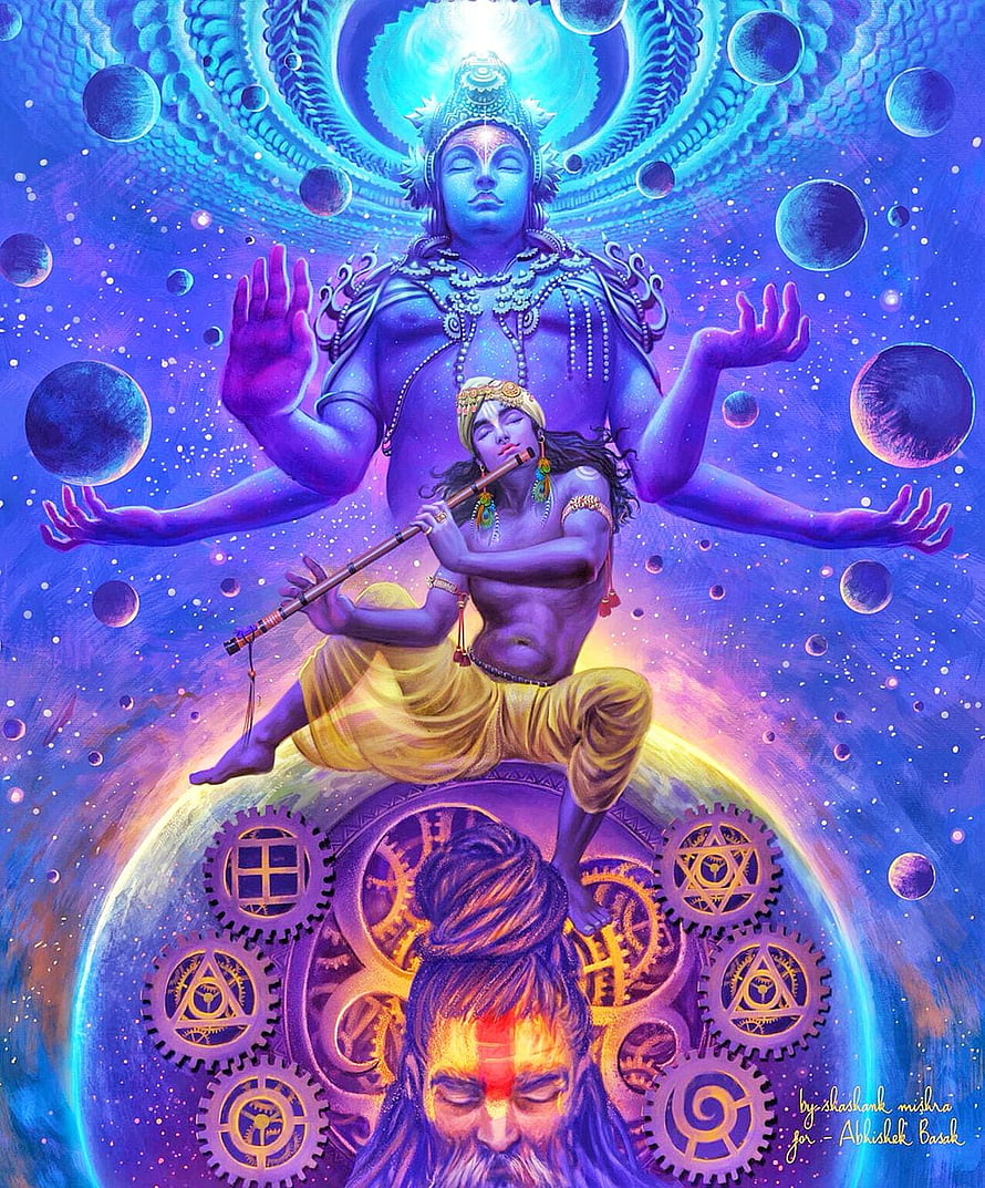 Cosmic Krishna Playing Flute with Vishnu and Shiva in Vibrant Spiritual Art HD phone wallpaper