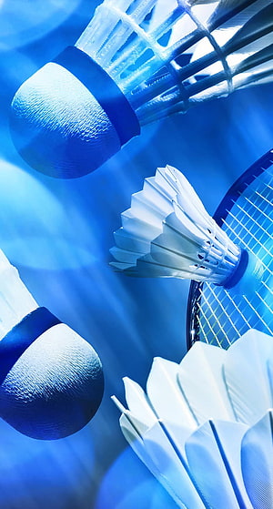 Dynamic Badminton Shuttlecocks and Racket in Blue Toned Close Up HD phone wallpaper