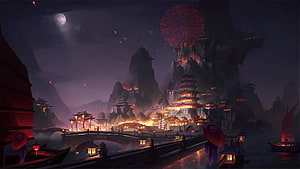 Fantasy Chinese Mountain City at Night with Fireworks and Lanterns HD wallpaper