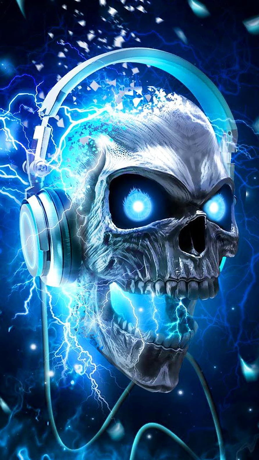 Electric Skull with Glowing Headphones and Neon Blue Lightning Digital Art HD phone wallpaper
