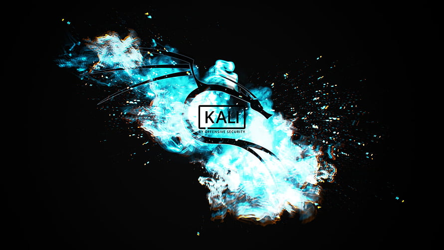 Kali Linux by Offensive Security with electric blue flame and particle burst on black background HD wallpaper