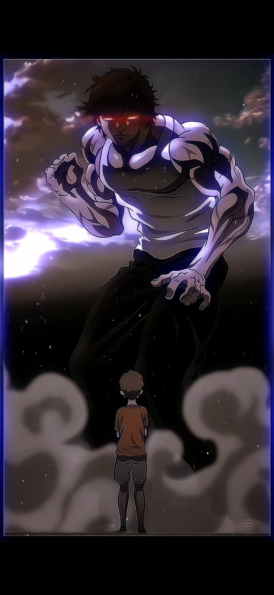 Baki Hanma Anime Illustration: Giant Muscular Figure with Glowing Red Eyes Towering Over a Boy HD phone wallpaper