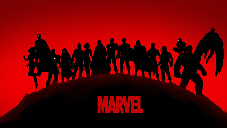 Marvel Heroes Silhouette Lineup on Rocky Hill Against Red Sky HD wallpaper