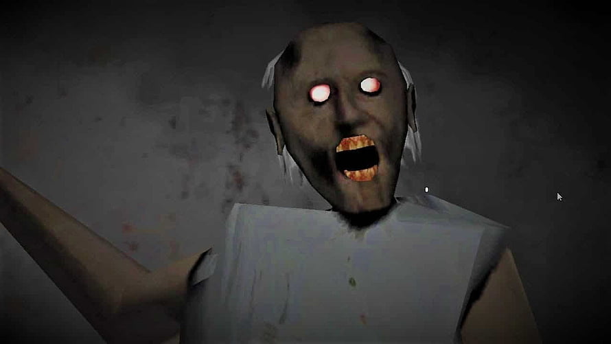 Granny Game Horror Character with Glowing Red Eyes and Open Mouth in Dark Room HD wallpaper