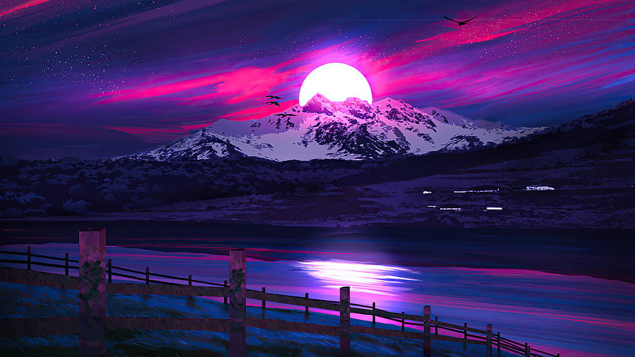 Vibrant Pink and Purple Mountain Sunrise Over a Reflective Lake with Wooden Fence HD wallpaper