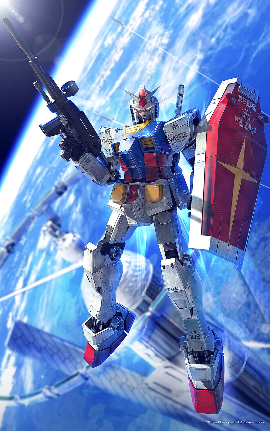 Gundam RX-78-2 Floating in Orbit with Beam Rifle and Shield Against Earth Backdrop HD phone wallpaper
