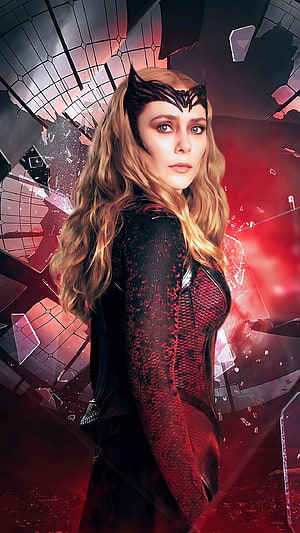Scarlet Witch Wanda Maximoff in Black and Red Suit with Broken Glass Background HD phone wallpaper
