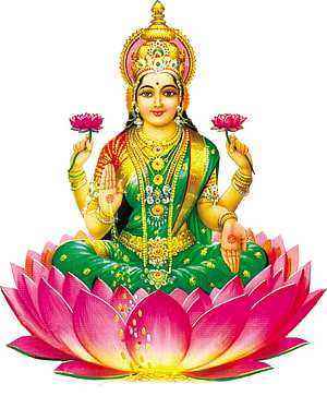 Goddess Lakshmi Seated on a Lotus with Four Arms Holding Flowers and Blessing Gestures HD phone wallpaper