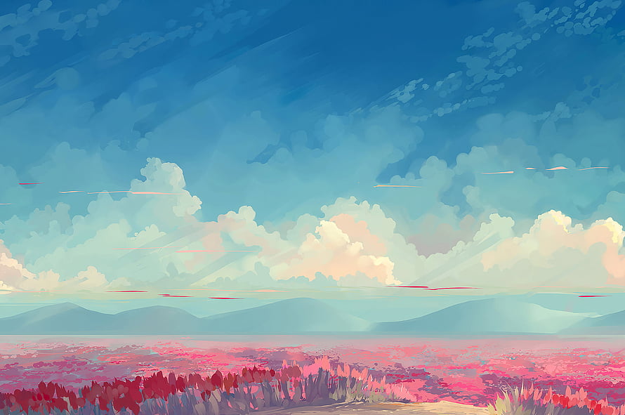 Vast Digital Landscape With Pink Flower Fields And Soft Blue Sky HD wallpaper