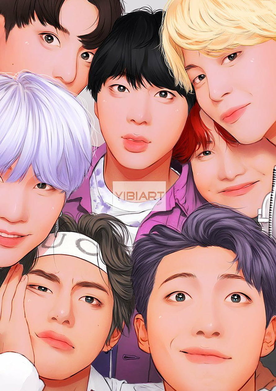 BTS Members in Soft Pastel Anime Style Group Portrait Illustration HD phone wallpaper