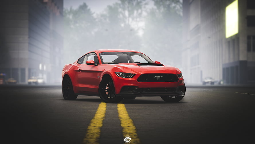 Red Ford Mustang GT on a foggy city street from The Crew 2 video game HD wallpaper