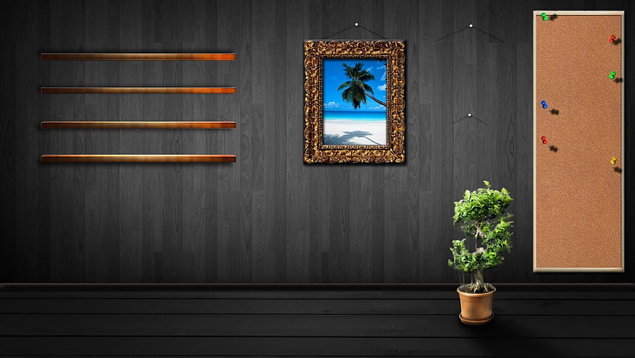 Dark Wood Office Wall With Cork Board, Floating Shelves, and Potted Bonsai HD wallpaper