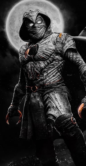 Moon Knight in Dark Mummy Costume with Glowing Eyes and Claws Under Full Moon HD phone wallpaper