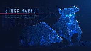 Low Poly Bull and Bear Stock Market Concept Art with Financial Data Background HD wallpaper