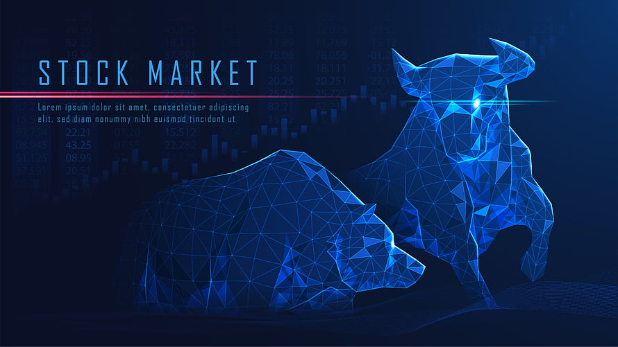 Low Poly Bull and Bear Stock Market Concept Art with Financial Data Background HD wallpaper