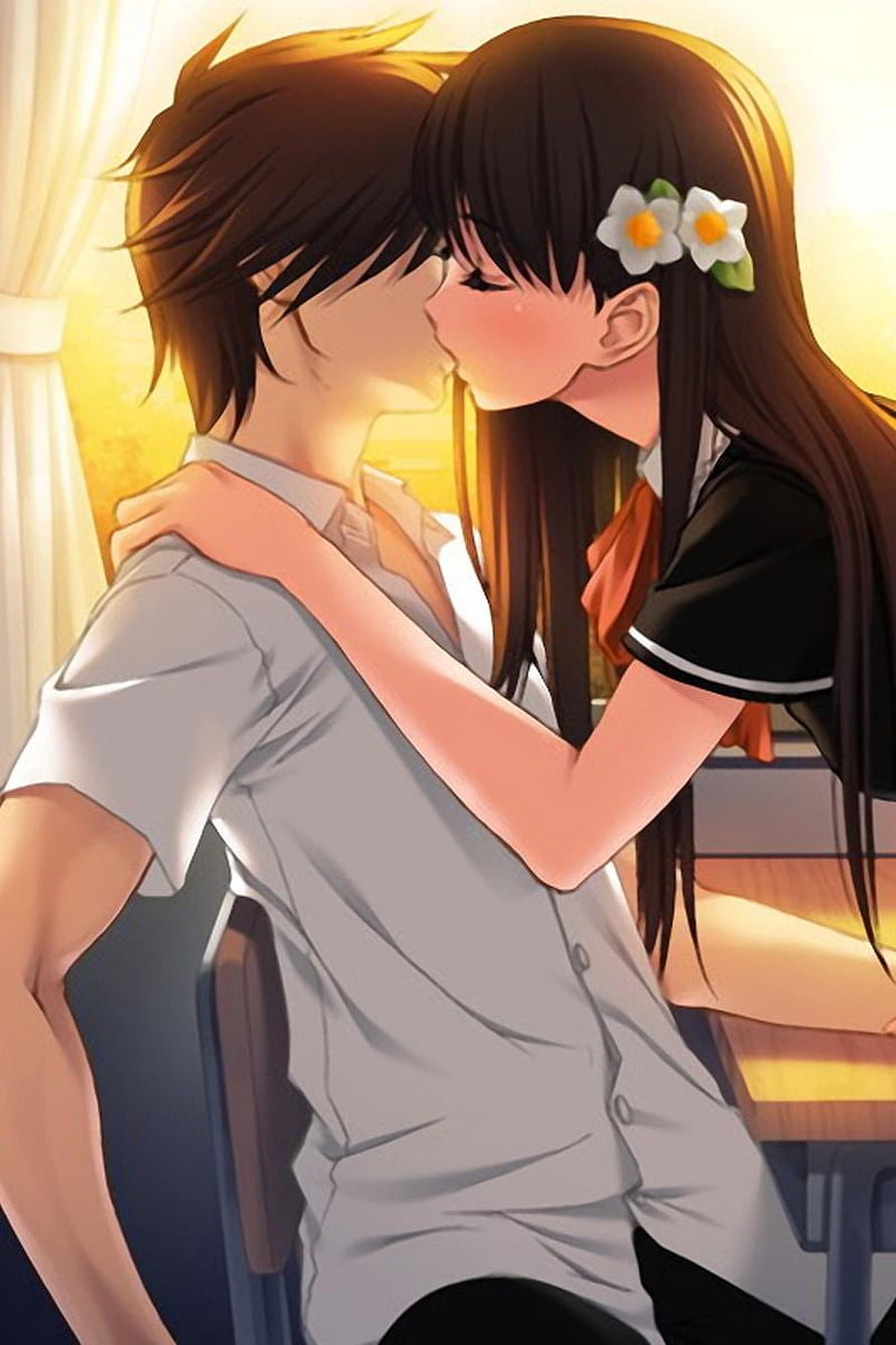 Romantic Anime Couple Sharing a Tender Kiss in a Sunlit Classroom Setting HD phone wallpaper